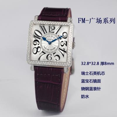 瑞士法兰克穆勒手表 瑞士石英机芯 方形镶钻数字刻度真皮表带女士手表