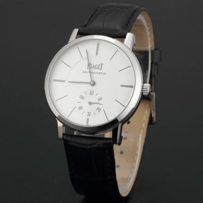 伯爵Piaget男表 钢壳白面自动机械小秒针真皮带透底条丁刻度男士手表 腕表
