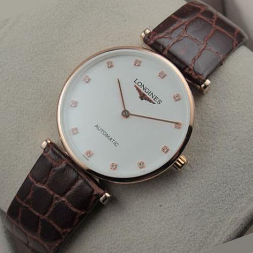 浪琴嘉岚系列18K玫瑰金白面全真皮表带自动机械男士手表
