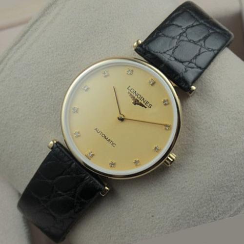 瑞士机芯名表 浪琴嘉岚系列18K金金面全真皮表带自动机械男士手表
