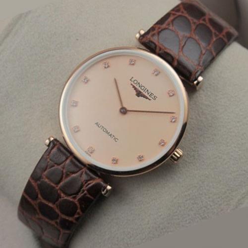 瑞士浪琴嘉岚系列18K玫瑰金金面全真皮表带自动机械男士手表