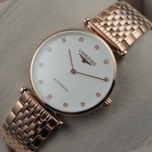 瑞士浪琴嘉岚系列18K间玫瑰金白面钻石刻度自动机械男士手表